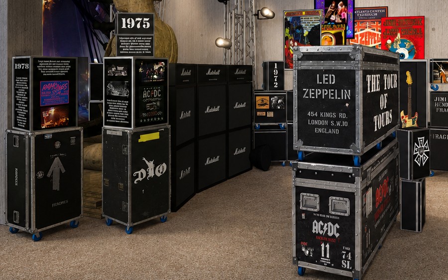 Rendering detail: stacked road cases stenciled Dio and Ramones carrying 1975 and 1978 year markers, interpretive panels and concert posters, in front of a wall of Marshall stacks