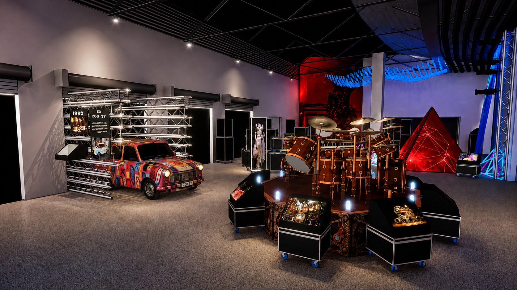 Rendering: the painted U2 Zoo TV Trabant mounted in truss on the left, with a large ornate drum kit on a raised platform ringed by road case displays on the right