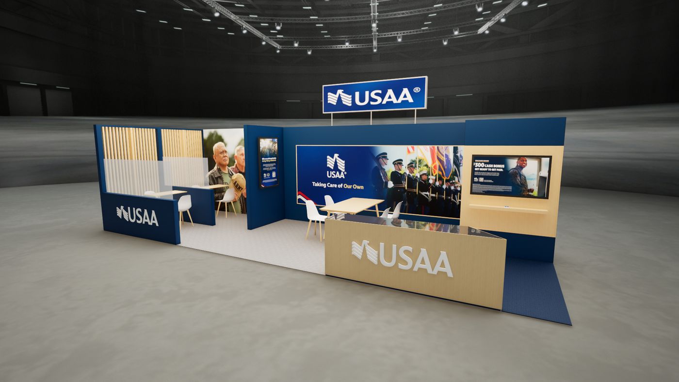 Rendering of the USAA 10 by 20 booth with the 10 by 10 meeting addition attached