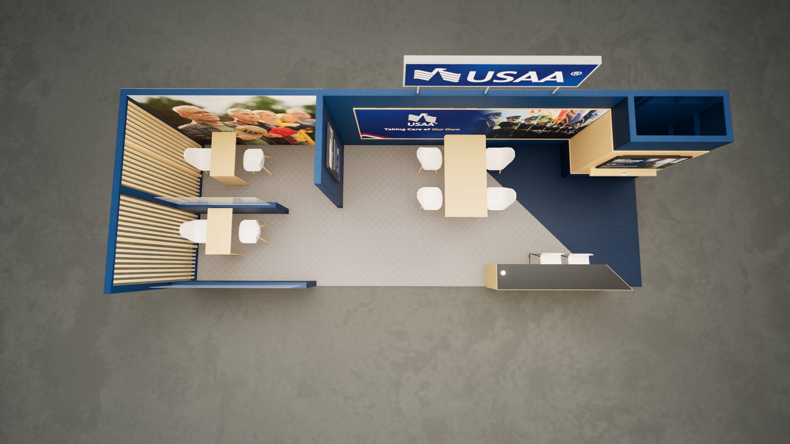 Plan view of the USAA 10 by 30 foot booth, the 10 by 20 with the 10 by 10 meeting addition