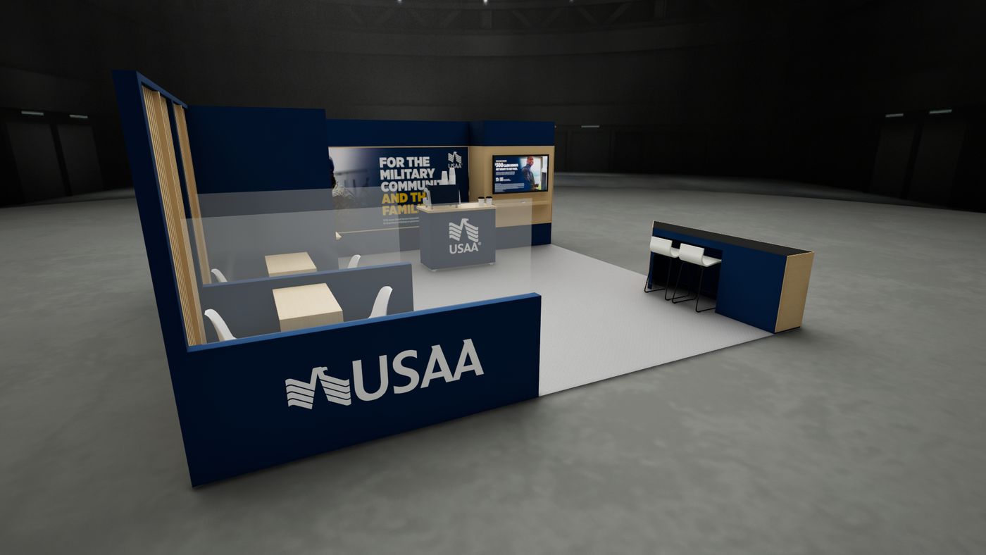 Second rendering of the 20 by 20 booth showing the meeting area