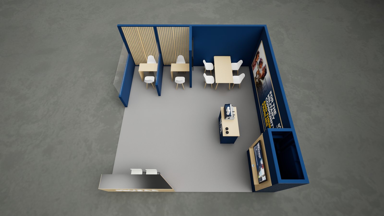 Plan view of the USAA 20 by 20 foot booth