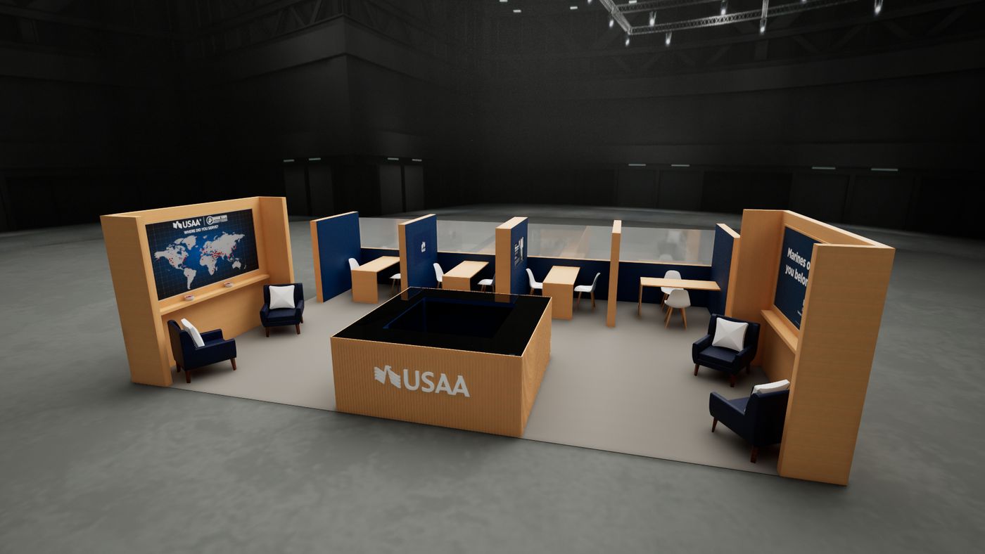 Rendering of the USAA 20 by 30 booth from the aisle