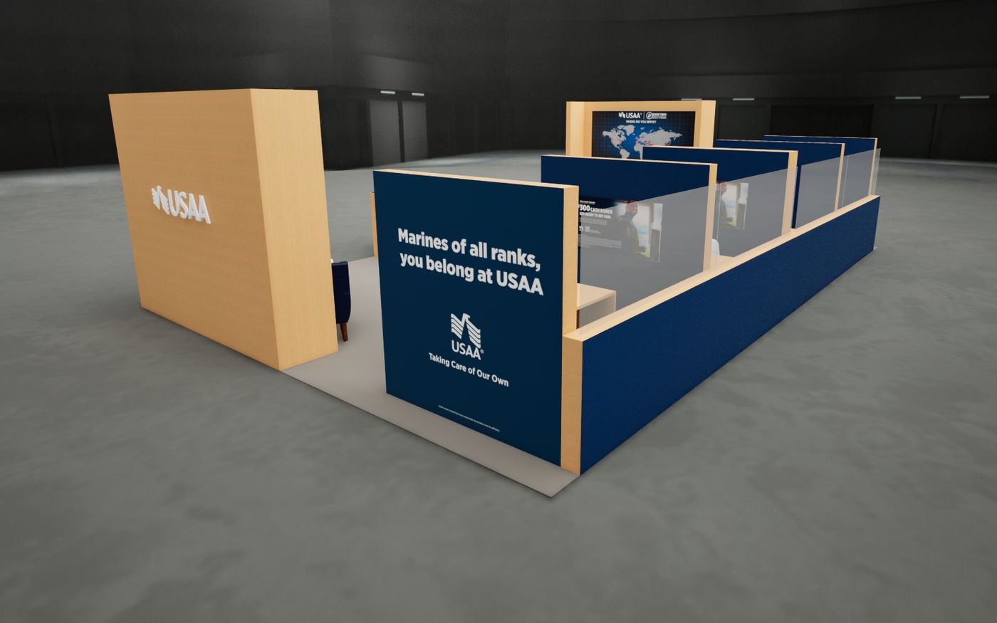 Rendering of the meeting rooms along one edge of the 20 by 30 booth