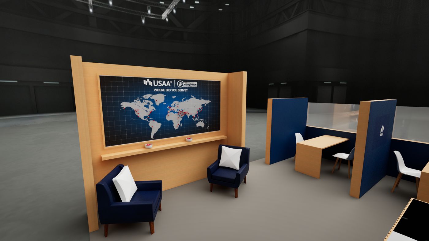 Rendering of the map wall and lounge chairs in the 20 by 30 booth