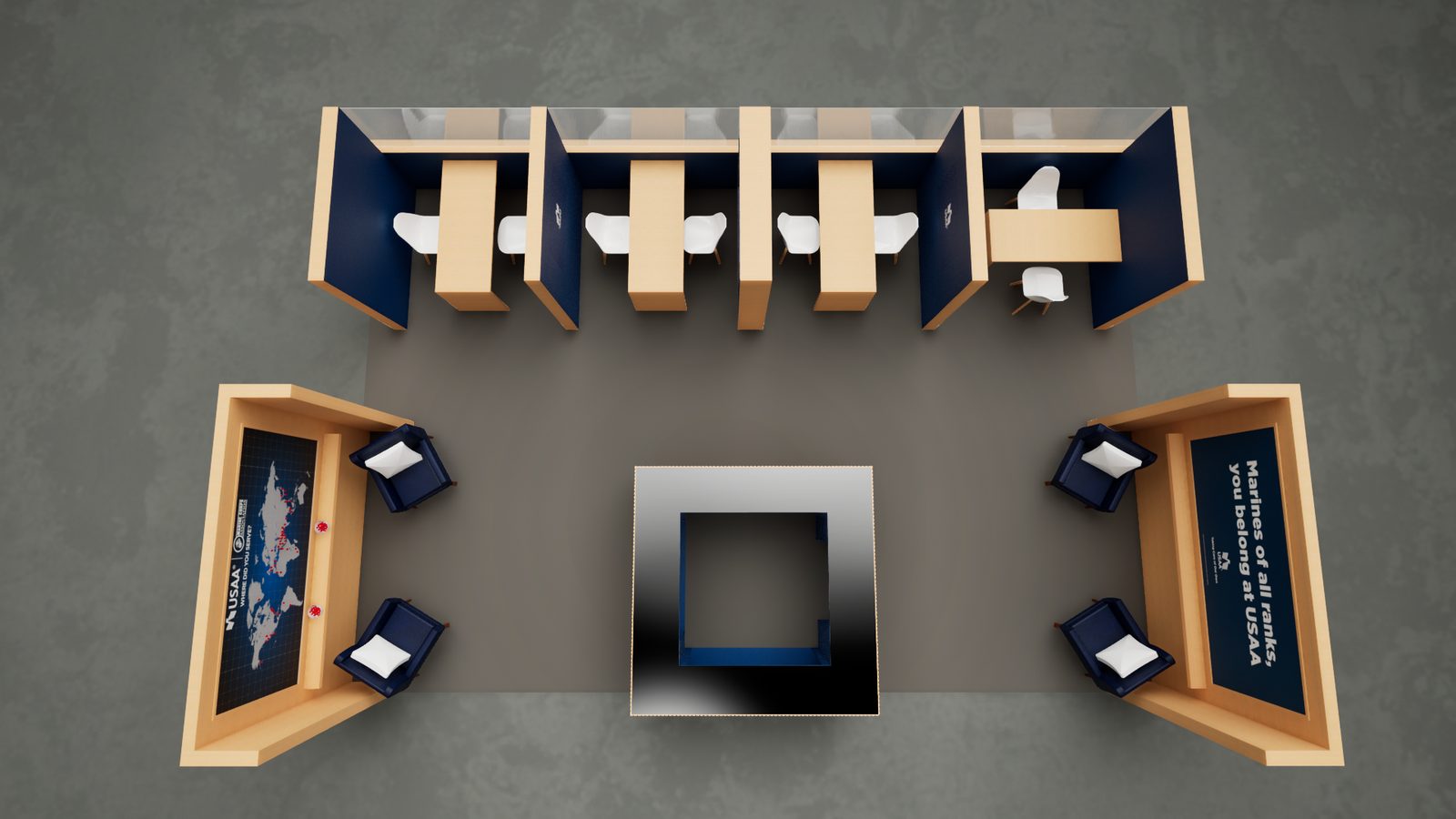 Plan view of the USAA 20 by 30 foot booth