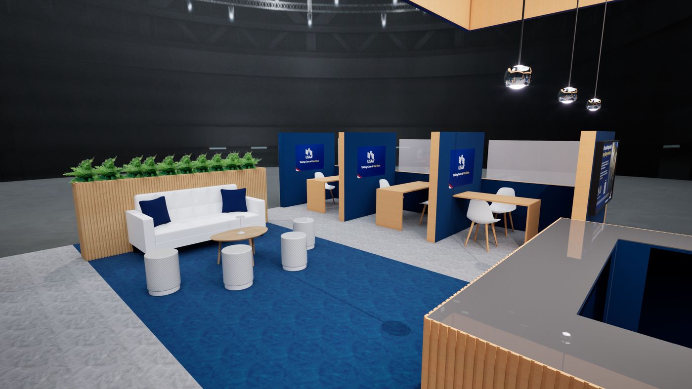 Rendering of the USAA lounge and service desks inside the 30 by 50 booth