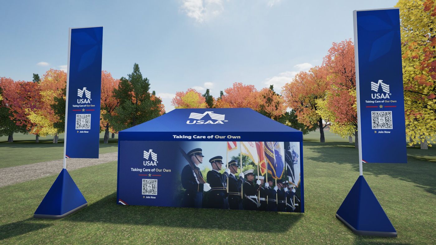 Rendering of the outdoor tent from the back with feather flags