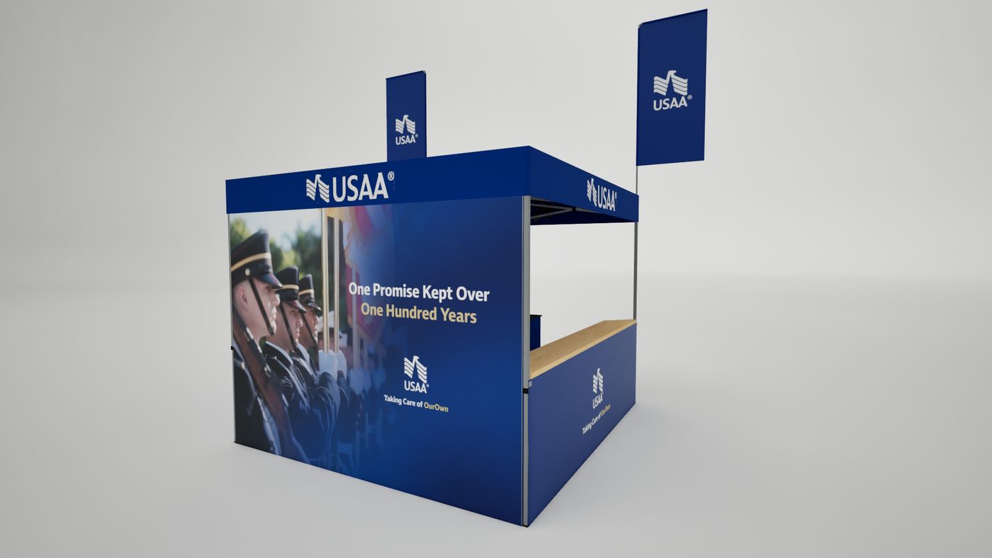 Rendering of the event in a box kit showing the graphic wall
