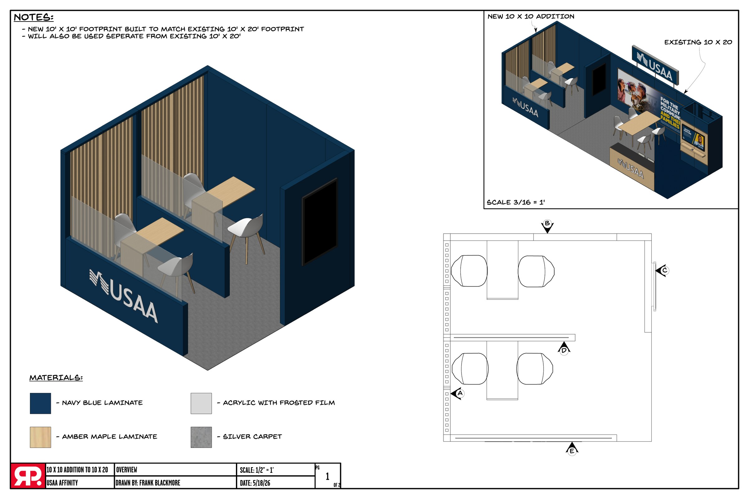 Overview drawing for the 10 by 10 addition showing iso, plan and material palette