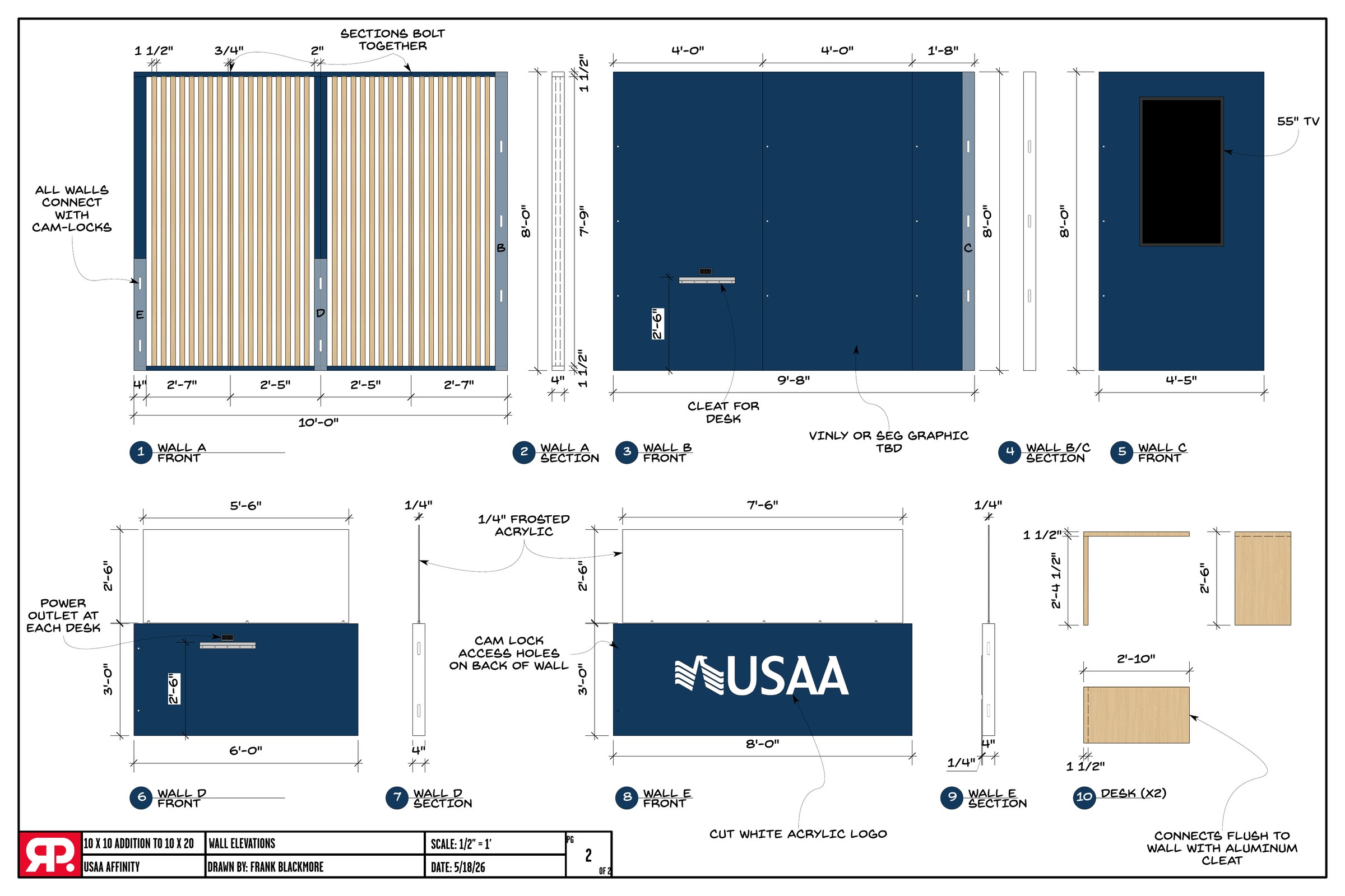Wall elevation drawings for the 10 by 10 addition with dimensions and cam lock connection notes