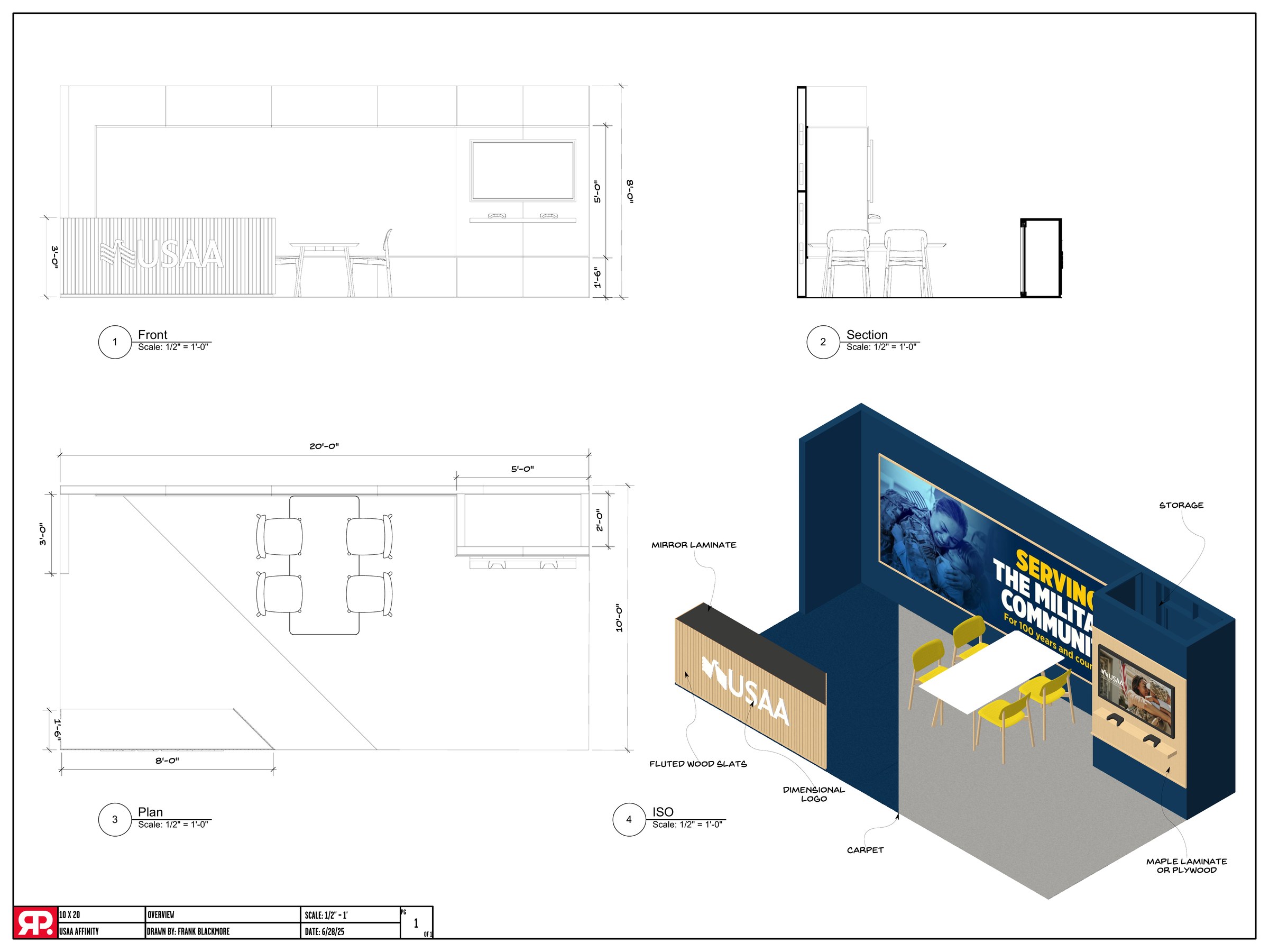 Build drawing for the USAA 10 by 20 booth showing plan, front elevation, section and iso with materials called out