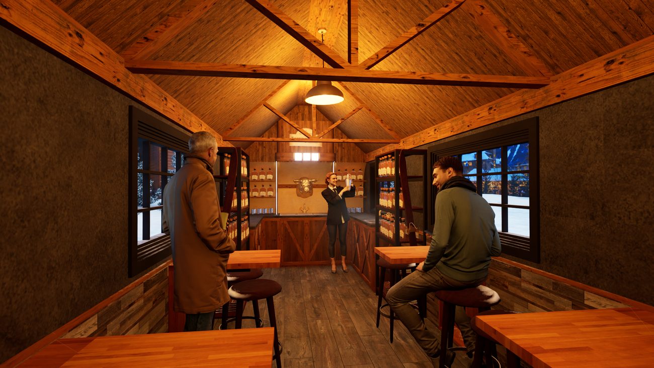 Interior rendering with guests being served at the bar