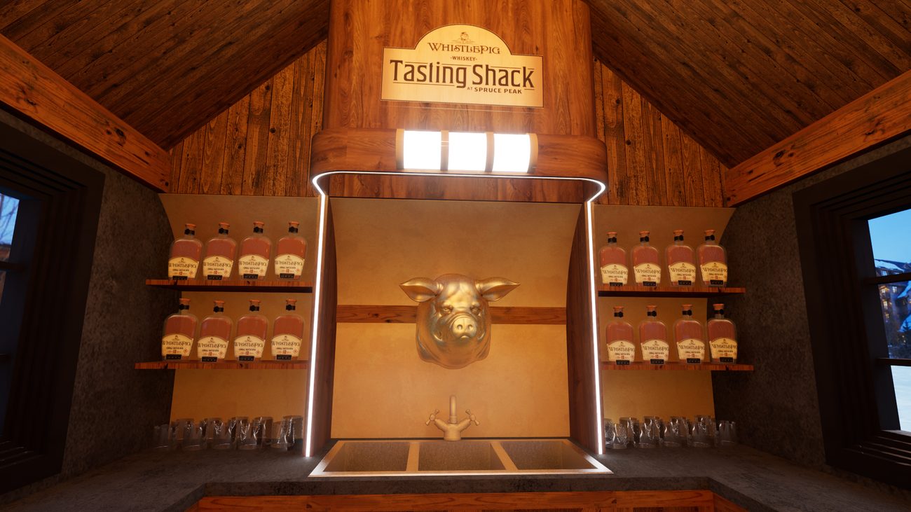 Rendering of the back bar with the gold pig-head tap feature