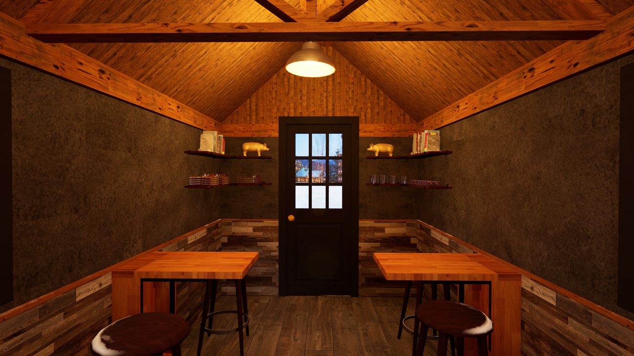 Rendering looking toward the shack's paned front door with shelving on either side